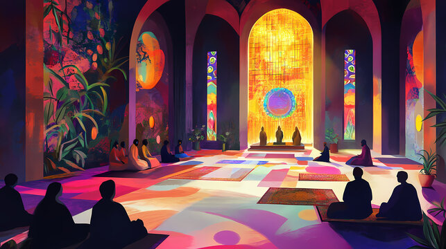 Faithful gather communal prayer sacred space filled love devotion. Sacred Spaces & Temples. Illustration