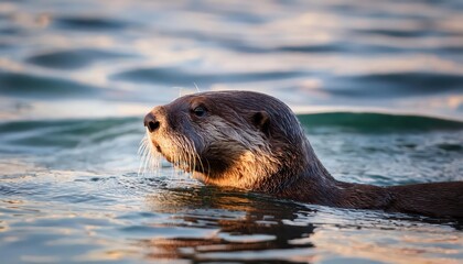 Obraz premium Intimate Encounter with a Playful Sea Otter Against a Picturesque Sunrise Backdrop of the Ocean in Tofino, British Columbia, Canada