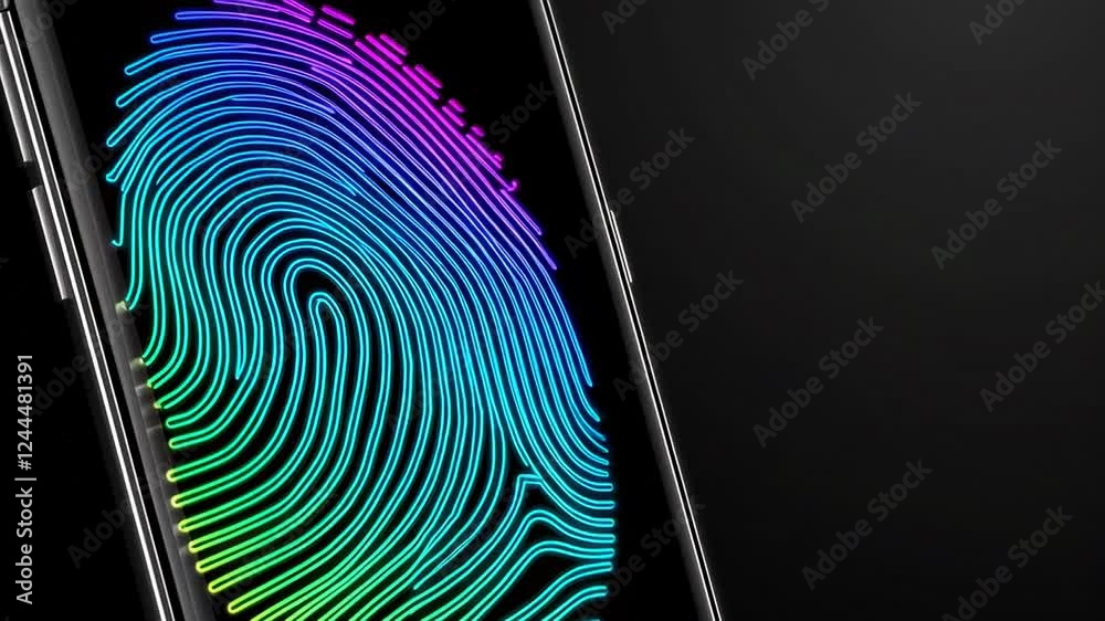 Poster Glowing neon fingerprint scanning across smartphone screen, revealing advanced biometric security with luminous digital authentication process in slow motion