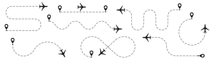 Flight path designs illustrating airplane tracking routes with dynamic dotted lines for travel maps and aviation concepts PNG