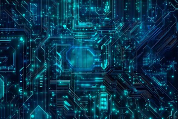 Fototapeta premium Abstract close-up of a glowing blue digital circuit board, showcasing intricate connections and technological design on a black background. 
