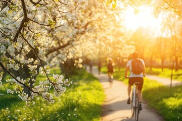 Obraz premium Cyclists riding on path under blossoming cherry trees at sunset