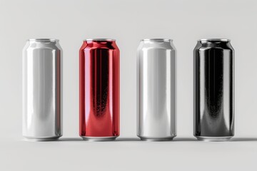 Four aluminum slim cans in different colors (silver, white, black, red), isolated on a white background, 3D beer can mockup template