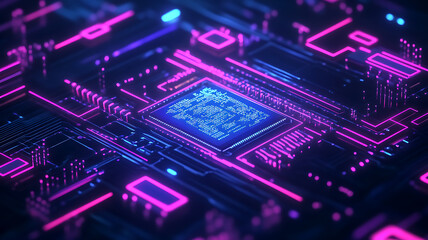 Obraz premium modern technology circuit board texture background design, large data processing, futuristic blue circuit board background, abstract blue and pink neon color minimal vector motherboard, electronics