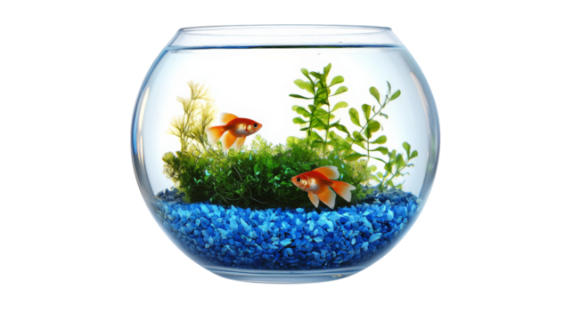 Two goldfish swimming in fishbowl with transparent background