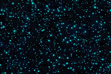 Fototapeta premium Abstract close-up of a glowing blue digital circuit board, showcasing intricate connections and technological design on a black background. 