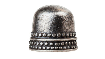 Vintage silver thimble with dotted decoration resting on transparent background