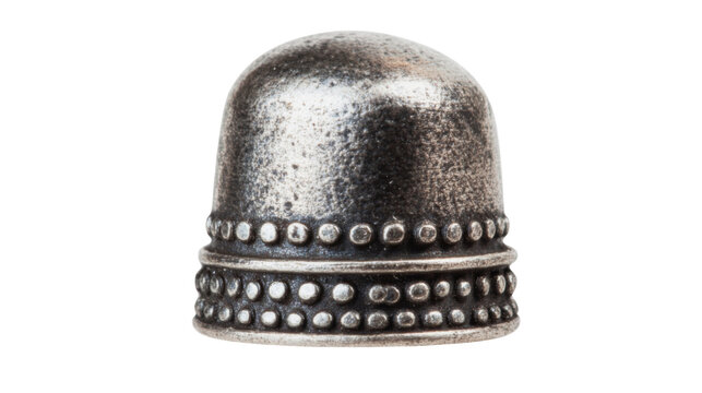 Vintage silver thimble with dotted decoration resting on transparent background