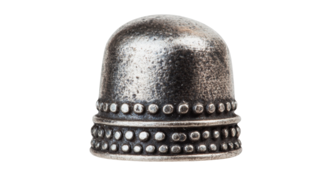 Vintage silver thimble with dotted decoration resting on transparent background