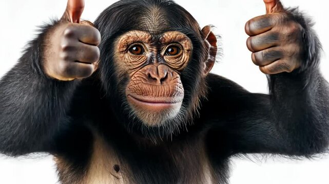 Chimpanzee giving thumbs up with cheerful expression across three progressive frames