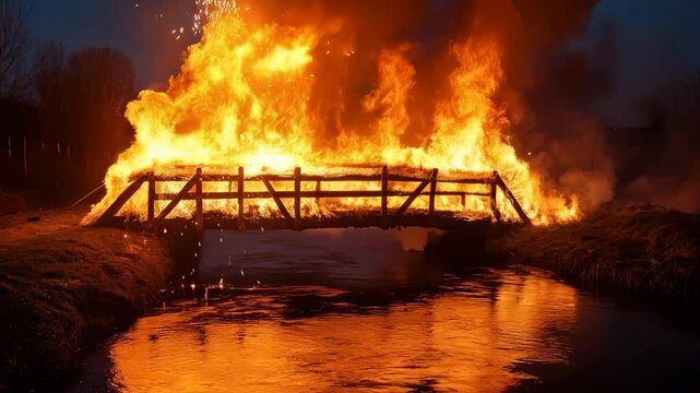 Large flames engulfing a wooden bridge spanning a small river at night create a dramatic scene of destruction, highlighting the dangers of fire and the chaos of disaster