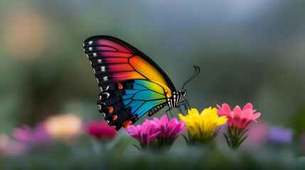 Rainbow butterfly feeding on flowers, garden, nature