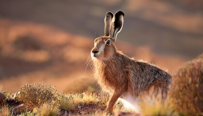 Obraz premium Vivid Portrait of an Ethiopian Mountain Hare Caught in the Soft Light of the Highlands, Amidst Dusty Grasses and Colorful Wildflowers, Showcasing a Glimpse of Ethiopias Rich Wildlife and Scenic