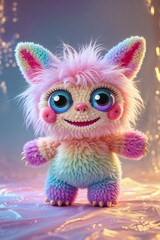 Smiling colorful fluffy fantasy monster with large eyes standing against a magical background