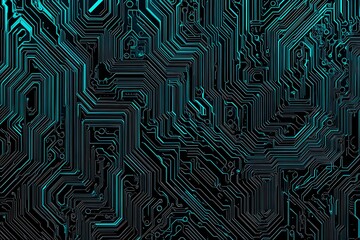 Abstract close-up of a glowing blue digital circuit board, showcasing intricate connections and technological design on a black background.
