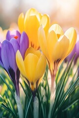 Fototapeta premium Purple and Yellow Spring Crocus Flowers in Bloom, Natural Sunlight Background with Vibrant Colors