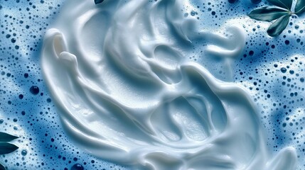 Beautiful foamy blue background with bubbles and herbs