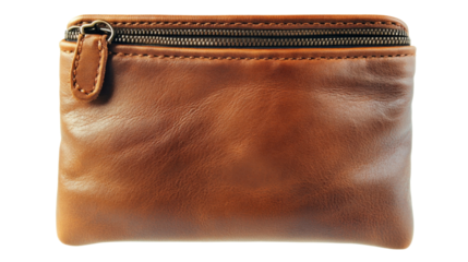 Small brown leather coin purse with zipper isolated on transparent background