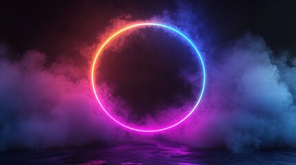3D Render of Colorful Neon Light Ring with Fog and Clouds on Dark Background