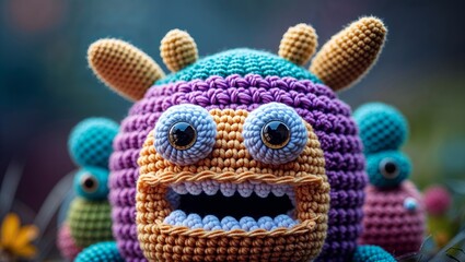 Fototapeta premium Colorful Crochet Monster Toys with Googly Eyes and Open Mouths Outdoor Close Up