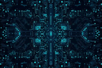Abstract close-up of a glowing blue digital circuit board, showcasing intricate connections and technological design on a black background.
