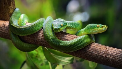 Obraz premium Striking Closeup of a Verdant Snake Coiled around a Tree Branch in a Lush Forest Environment, Showcasing the Beauty and Mystery of Natures Reptilian Creatures.