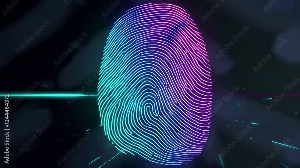 Poster Neon light trails illuminating biometric fingerprint scanning process, revealing intricate digital authentication against dark background with glowing gradient effects in seamless slow motion