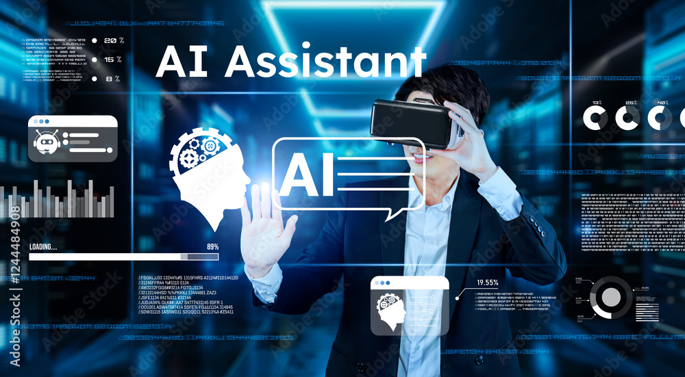 Poster businessman with headset standing at data center while using ai assistance. project manager pointing
