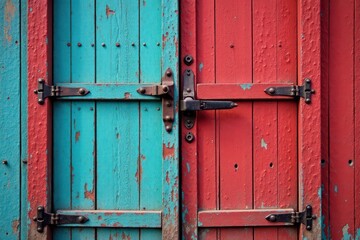 Rustic barn door, aged wood, weathered paint, hinges , texture, building