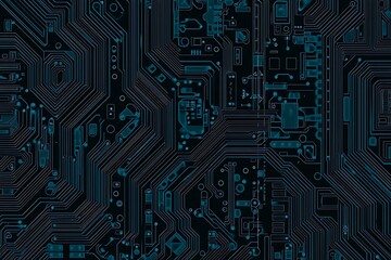 Abstract close-up of a glowing blue digital circuit board, showcasing intricate connections and technological design on a black background.
