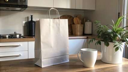 Blank White Paper Bag Mockup on Minimalist Workspace