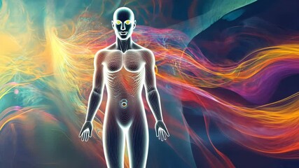 Vibrant human aura visualization with flowing energy waves and radiant colors