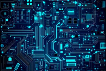 Abstract close-up of a glowing blue digital circuit board, showcasing intricate connections and technological design on a black background.
