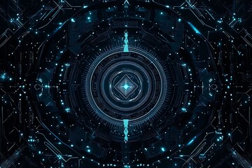 Abstract close-up of a glowing blue digital circuit board, showcasing intricate connections and technological design on a black background.
