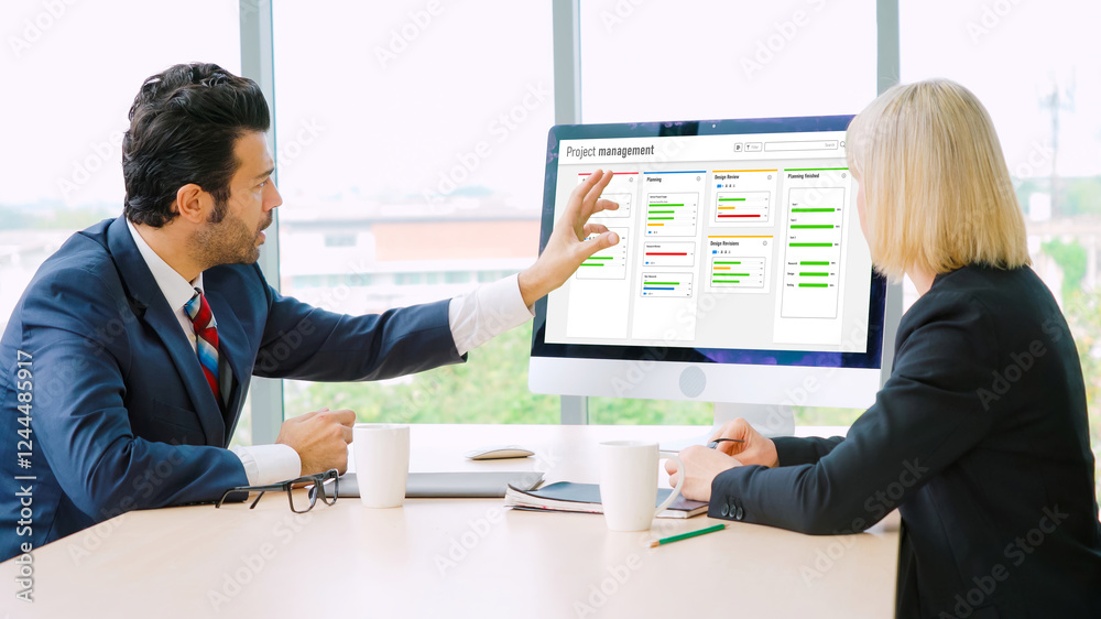 Poster project planning software for modish business project management on the computer screen showing time