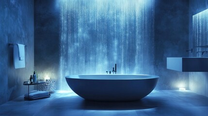 Serene Blue Bathroom with Waterfall Shower Design