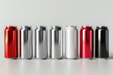 High-quality 3D render of aluminum slim cans in silver, white, black, and red, arranged on an isolated white background, perfect for beer can mockup templates