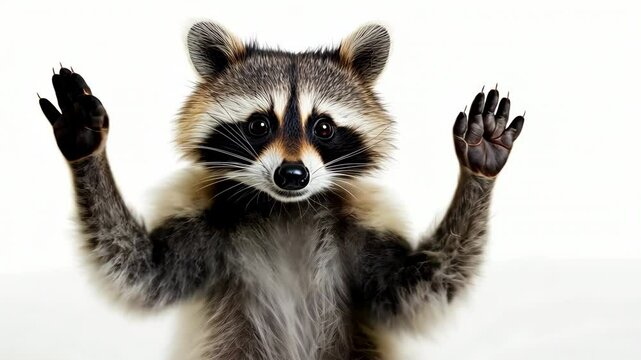 A raccoon dancing with its paws raised up on a white background. Advertising theme for a pet store or veterinary clinic.