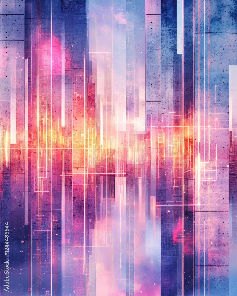 Poster an abstract composition featuring vibrant colors and geometric shapes, creating a sense of depth and