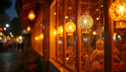 Fototapeta premium Warm Evening Glow Golden Lanterns Illuminate City Street