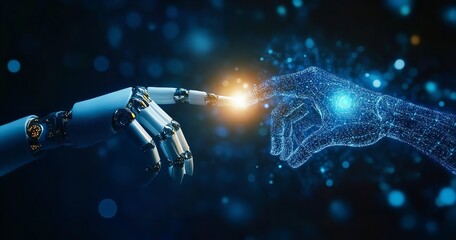 Fototapeta premium Human Hand and Robot Finger Touching with AI Hologram and Data Flow, Symbolizing Technology