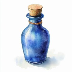 Blue glass bottle with a cork painted with watercolors