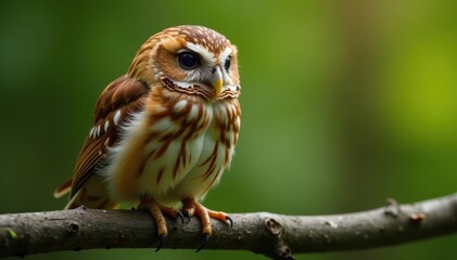 Tiny Eurasian pygmy owl perched on a weathered branch , small, nature