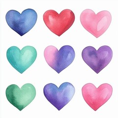 Set of colorful watercolor hearts