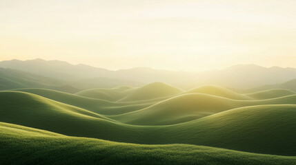 Obraz premium Serene Rolling Green Hills Landscape, Soft Sunrise Over Misty Mountains, Minimalist Nature Scene – Generative AI