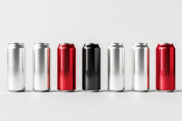 High-quality 3D render of aluminum slim cans in silver, white, black, and red, arranged on an isolated white background, perfect for beer can mockup templates