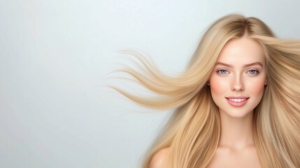Fototapeta premium Banner with a beautiful blue-eyed blonde with beautiful long hair, an advertising good hair, a shampoo or beautiful hair styling