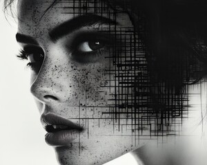 Obraz premium A captivating portrait showcasing a woman's face with intricate patterns, combining beauty and artistic expression in a unique visual experience.