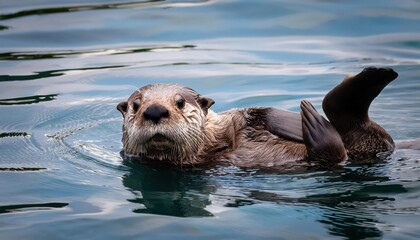 Obraz premium Endearing CloseUp of a Playful Sea Otter Lounging on its Back against the Oceanic Horizon, Glistening Fur and Expressive Eyes Capturing Curiosity in Stunning High Definition.