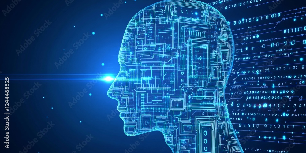 Poster human head profile composed of circuit boards and binary code on deep blue background